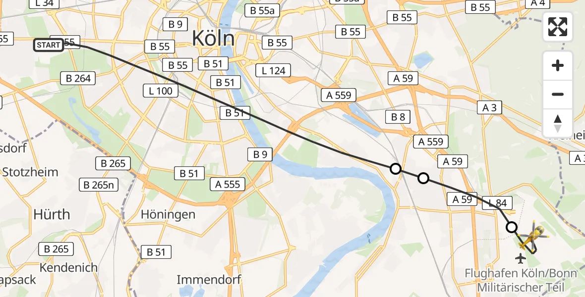 Flugroute Ambulanzhubschrauber Köln - Köln Bonn Flughafen, 07 Juli 2026, 19:52