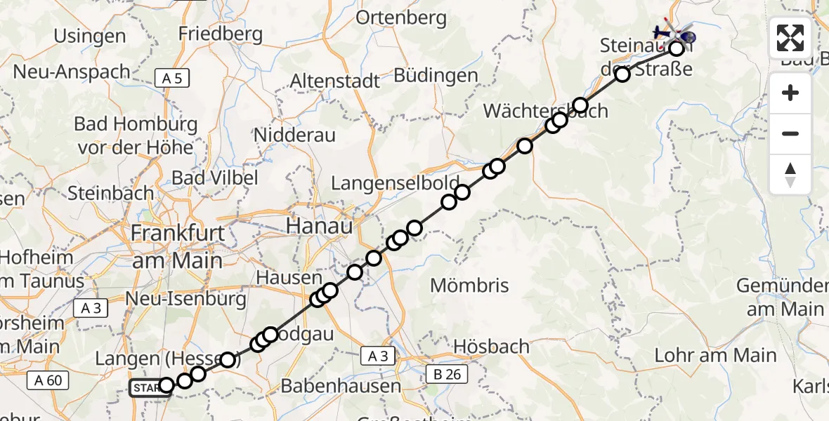 Flugroute Polizeihubschrauber Flughafen Frankfurt-Egelsbach - Schlüchtern, 07 Juli 2026, 19:56