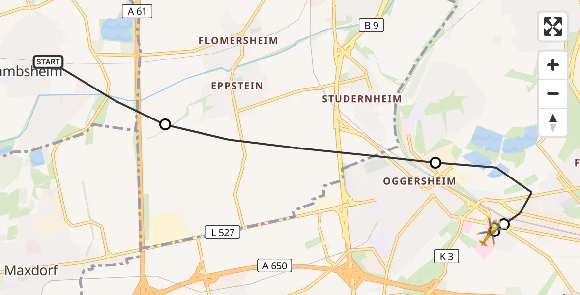 Flugroute Rettungshubschrauber Lambsheim - Ludwigshafen Accident Hospital, 07 Juli 2026, 20:02
