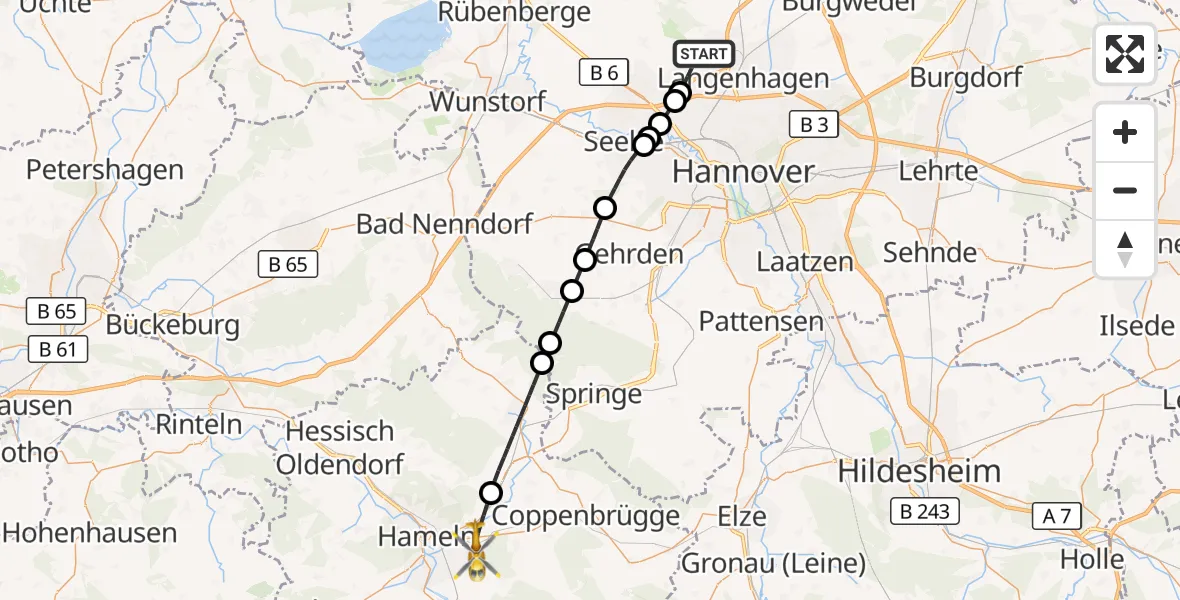 Flugroute Rettungshubschrauber Flughafen Hannover - Hameln, 07 Juli 2026, 20:02