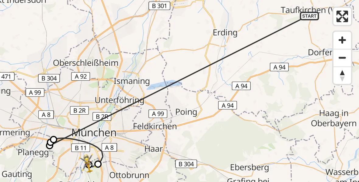 Flugroute Rettungshubschrauber Taufkirchen (Vils) - ADAC Air Rescue Center Hubschrauberlandeplatz (Christoph 1), 07 Juli 2026, 20:03