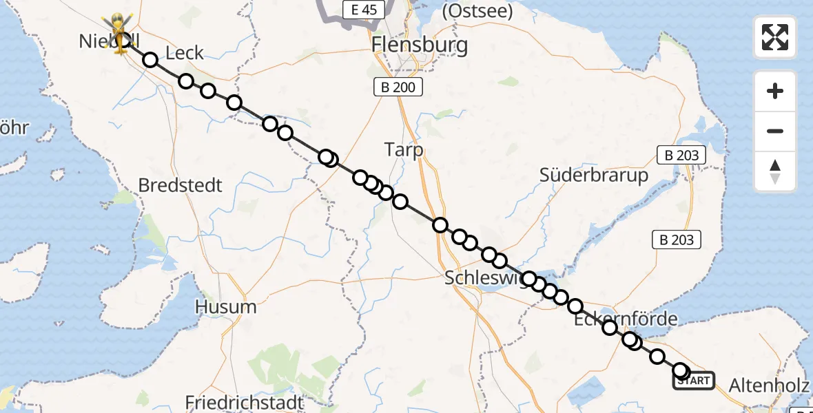 Flugroute Rettungshubschrauber Gettorf - Niebüll, 07 Juli 2026, 20:07