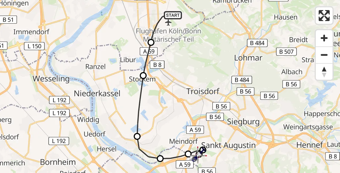 Flugroute Polizeihubschrauber Köln Bonn Flughafen - Sankt Augustin, 07 Juli 2026, 20:26
