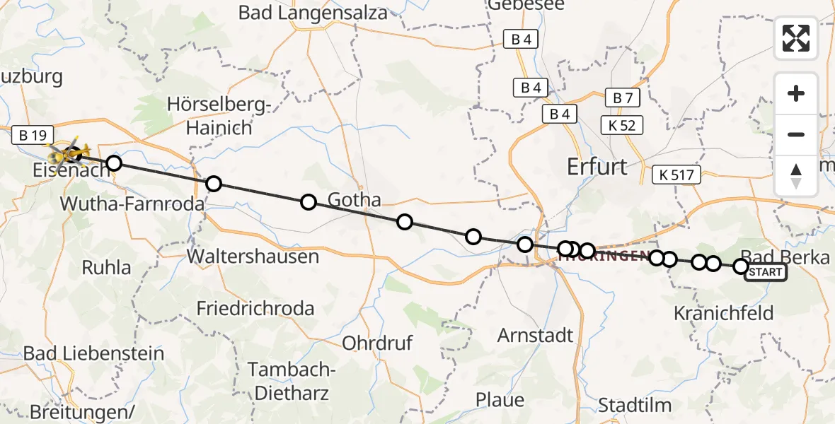 Flugroute Ambulanzhubschrauber Bad Berka - Sankt Georg Hospital Eisenach, 07 Juli 2026, 20:32