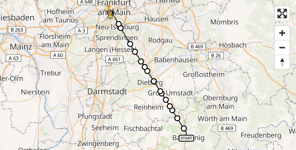 Flugroute Rettungshubschrauber Bad König - Frankfurt University Hospital, 07 Juli 2026, 21:02
