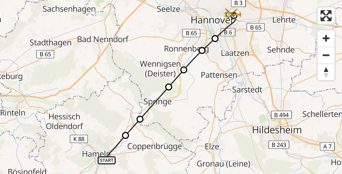 Flugroute Rettungshubschrauber Hameln - Hannover Luftrettung Hubschrauberlandeplatz (Christoph 4), 07 Juli 2026, 21:05