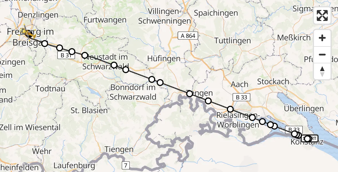 Flugroute Ambulanzhubschrauber Konstanz Hospital - Freiburg University Hospital Heliport 1, 07 Juli 2026, 21:14