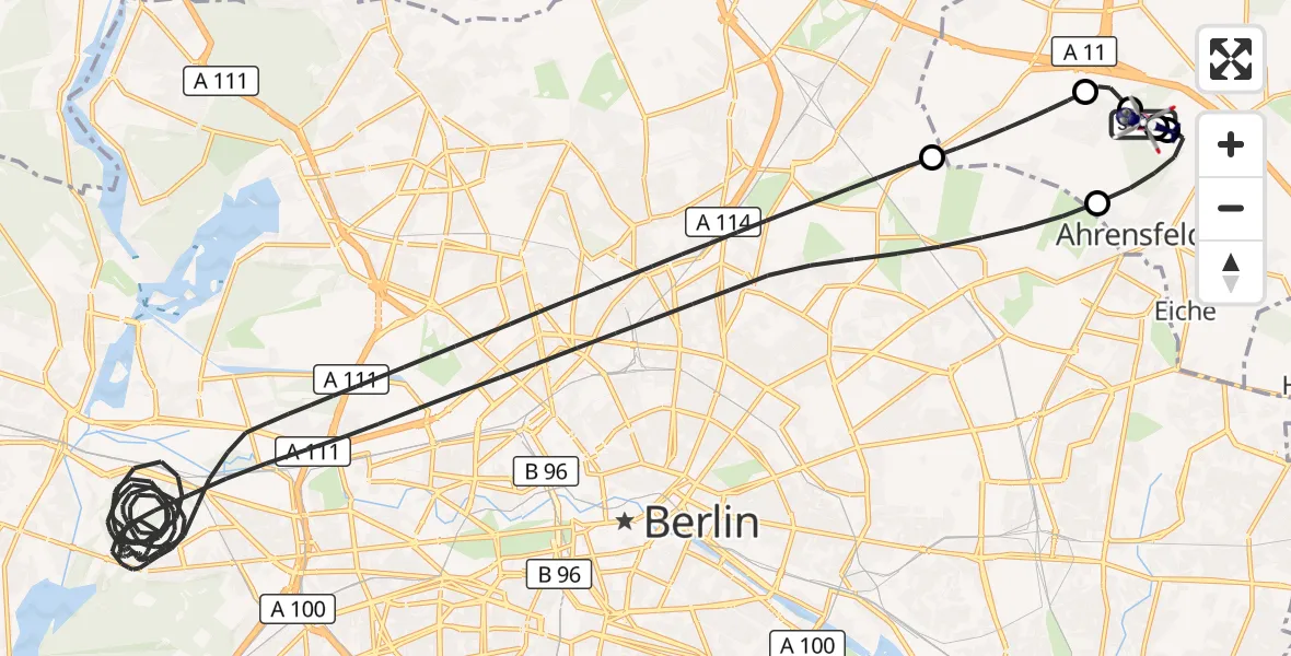 Flugroute Polizeihubschrauber Ahrensfelde Hubschrauberlandeplatz - Ahrensfelde Hubschrauberlandeplatz, 07 Juli 2026, 21:22