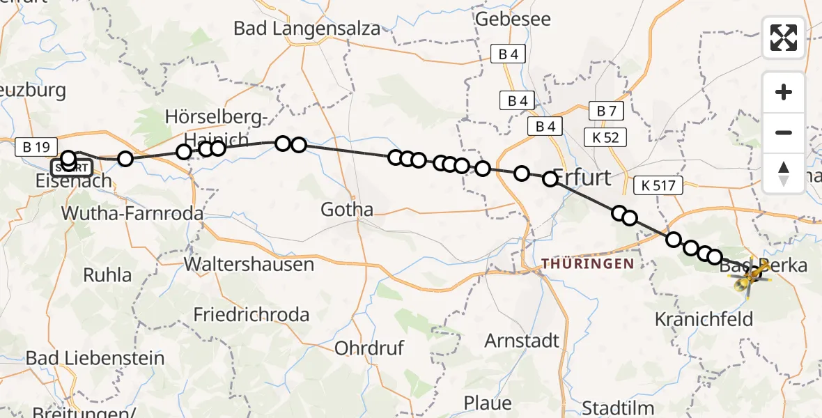 Flugroute Ambulanzhubschrauber Sankt Georg Hospital Eisenach - Bad Berka Central Hospital, 07 Juli 2026, 21:23