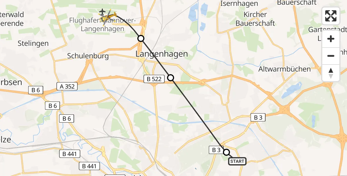 Flugroute Rettungshubschrauber Hannover Luftrettung Hubschrauberlandeplatz (Christoph 4) - Flughafen Hannover, 07 Juli 2026, 22:02
