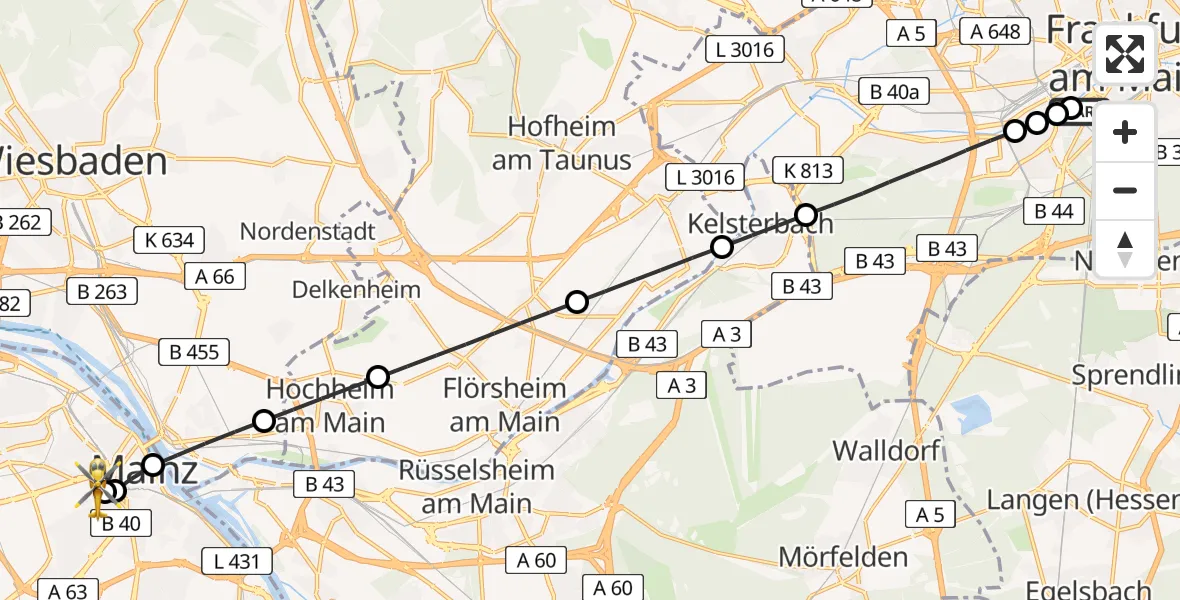 Flugroute Rettungshubschrauber Frankfurt University Hospital - Mainz University Hospital, 07 Juli 2026, 22:02