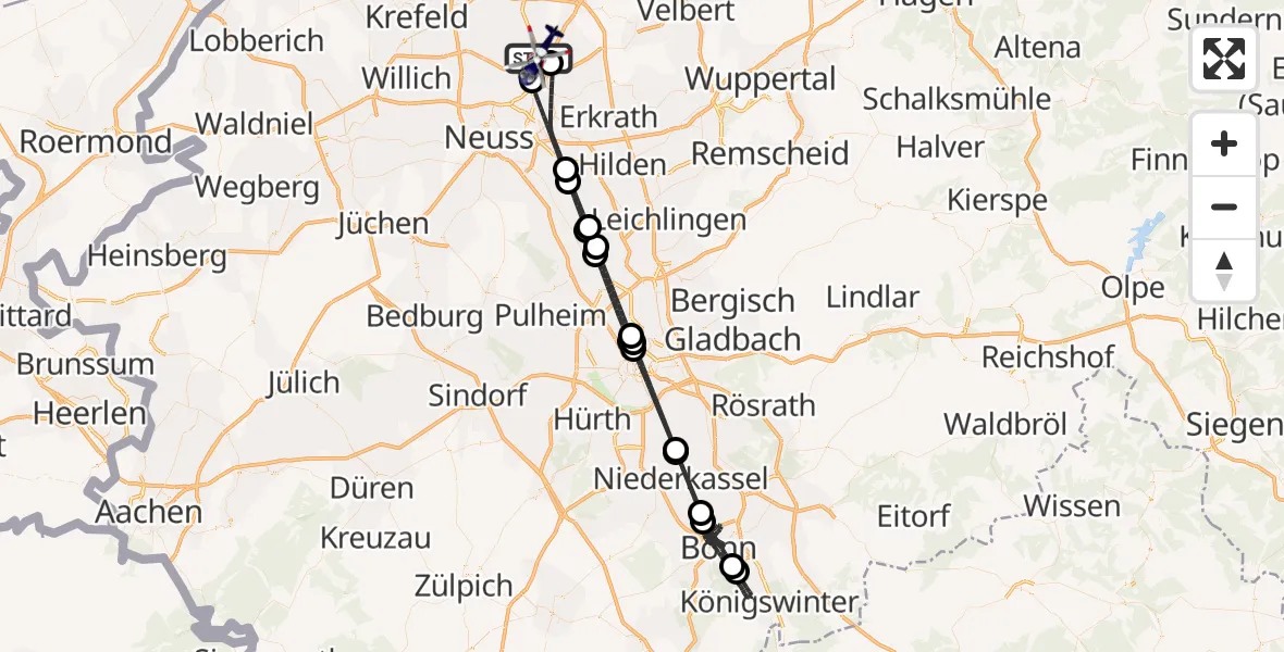 Flugroute Polizeihubschrauber Düsseldorf Flughafen - Düsseldorf Flughafen, 07 Juli 2026, 22:40