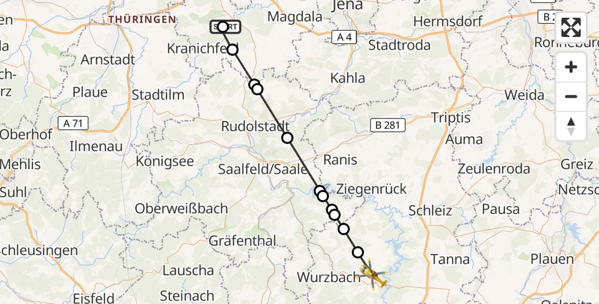 Flugroute Ambulanzhubschrauber Bad Berka Central Hospital - Saalburg-Ebersdorf, 07 Juli 2026, 23:16