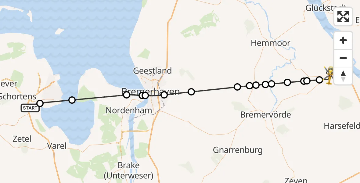 Flugroute Rettungshubschrauber Sande - Stade, 07 Juli 2026, 23:19