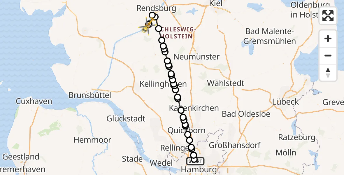 Flugroute Ambulanzhubschrauber Universitätsklinikum Hamburg-Eppendorf Hubschrauberlandeplatz - Rendsburg-Schachtholm Flugplatz, 07 Juli 2026, 23:57