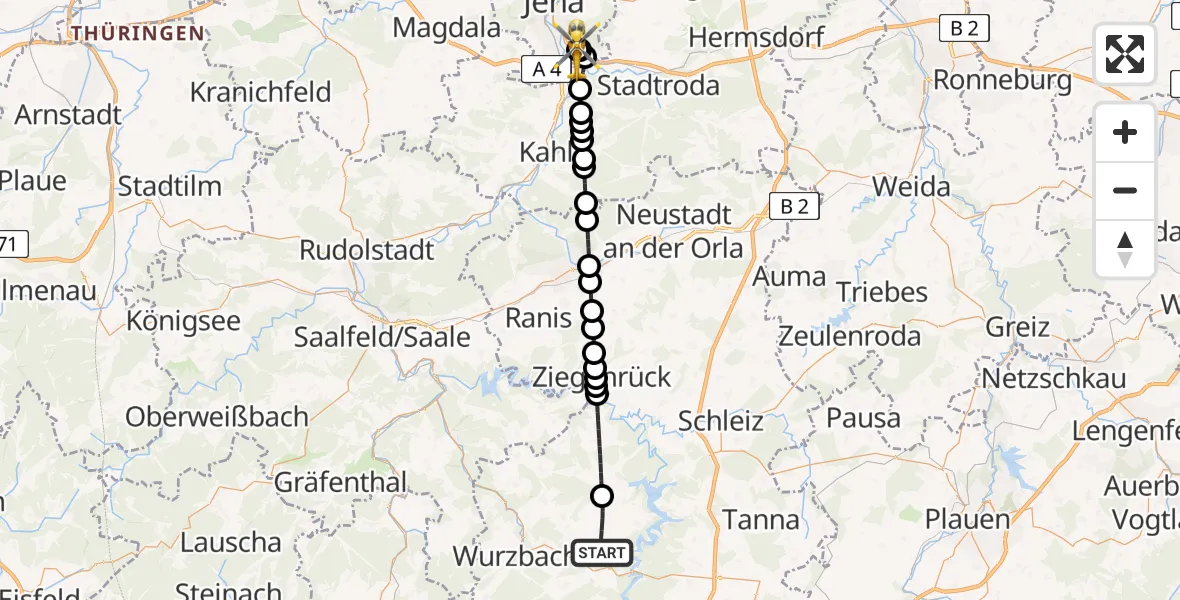 Flugroute Ambulanzhubschrauber Saalburg-Ebersdorf - Jena University Hospital, 08 Juli 2026, 00:03