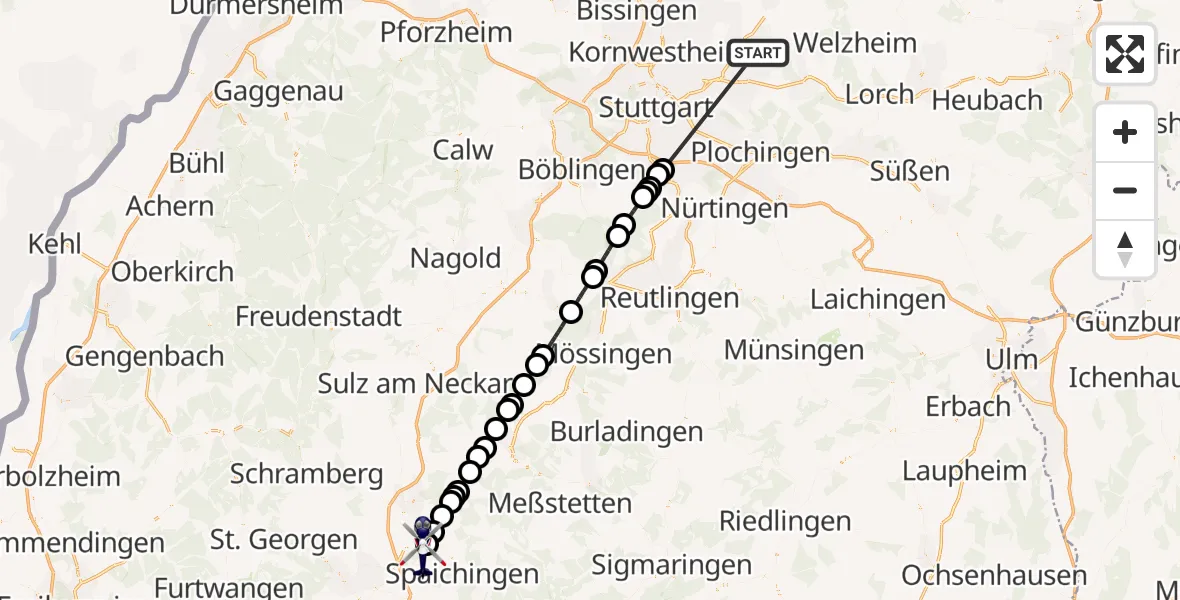 Flugroute Polizeihubschrauber Winnenden - Aldingen, 08 Juli 2026, 00:29