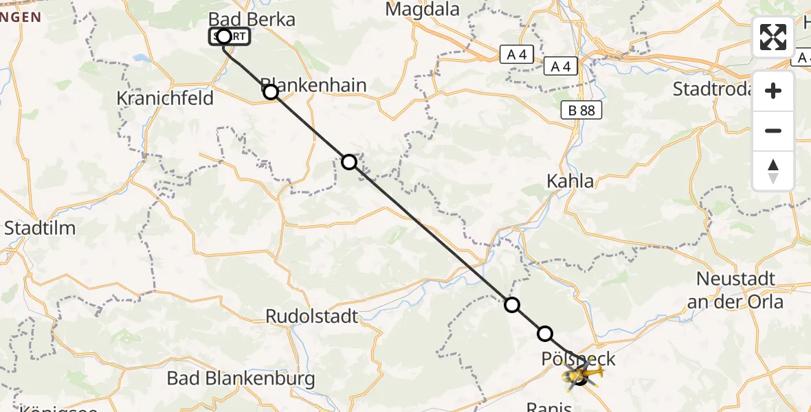 Flugroute Ambulanzhubschrauber Bad Berka Central Hospital - Pößneck, 08 Juli 2026, 02:44