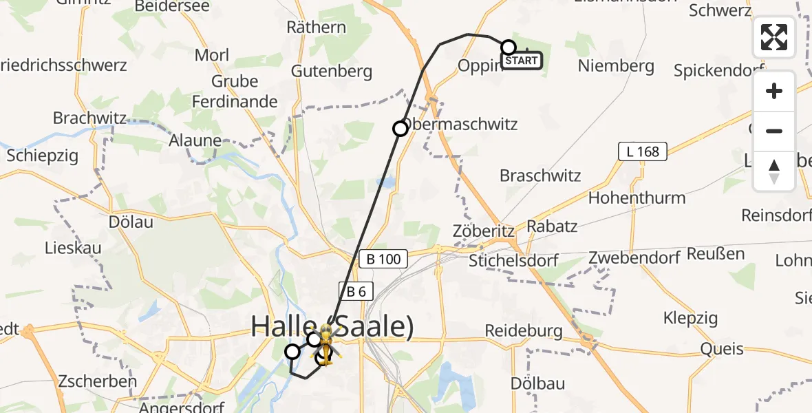 Flugroute Rettungshubschrauber Halle-Oppin Flugplatz - Sankt Elisabeth and Sankt Barbara Hospital Halle (Saale), 08 Juli 2026, 04:30