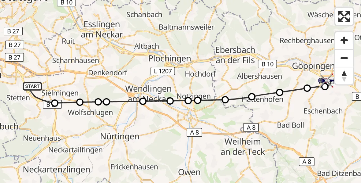 Flugroute Polizeihubschrauber Flughafen Stuttgart - Göppingen, 08 Juli 2026, 05:04