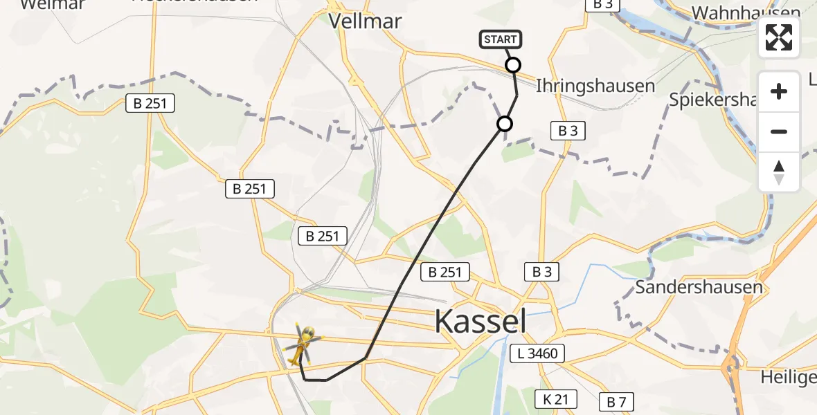 Flugroute Rettungshubschrauber Fuldatal Bundespolizei Hubschrauberlandeplatz - Kassel, 08 Juli 2026, 05:06