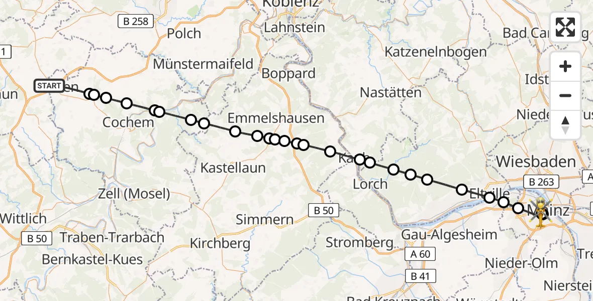 Flugroute Rettungshubschrauber Ulmen - Mainz University Hospital, 08 Juli 2026, 05:17
