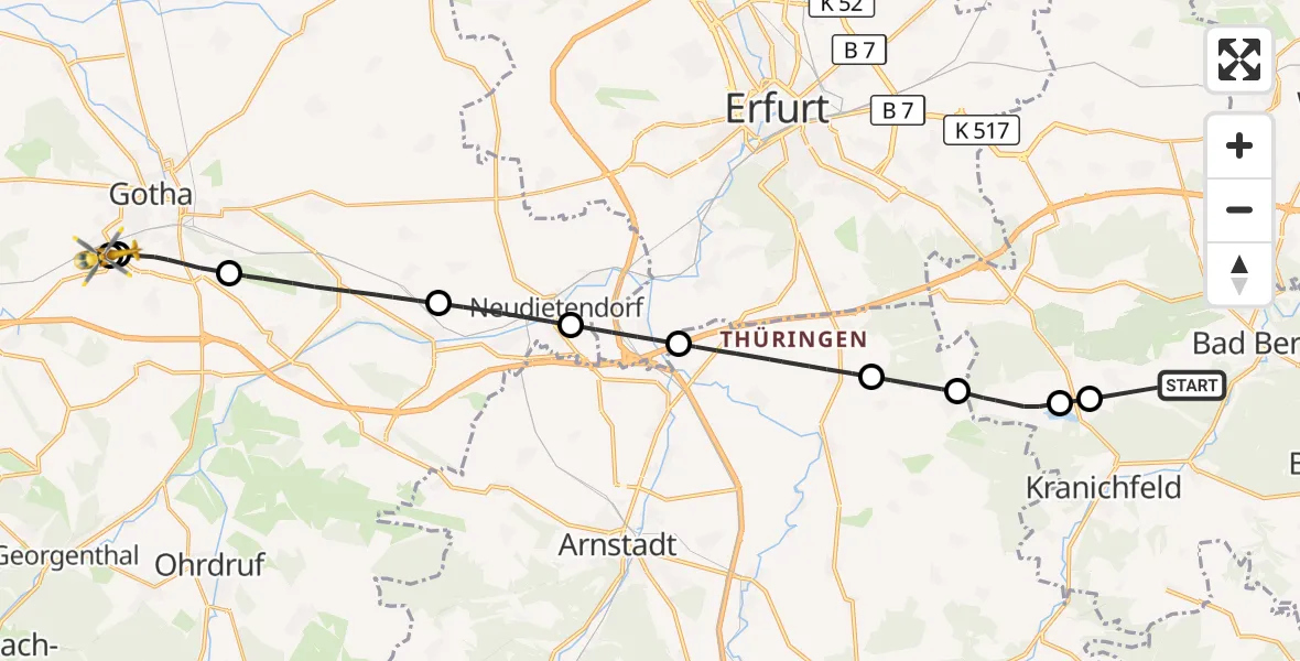Flugroute Ambulanzhubschrauber Bad Berka - Helios Clinic Gotha, 08 Juli 2026, 05:31