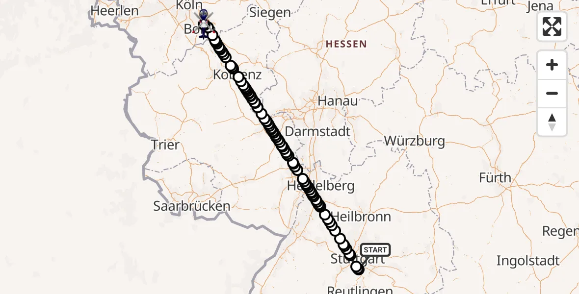 Flugroute Polizeihubschrauber Winnenden - Sankt Augustin, 08 Juli 2026, 05:40