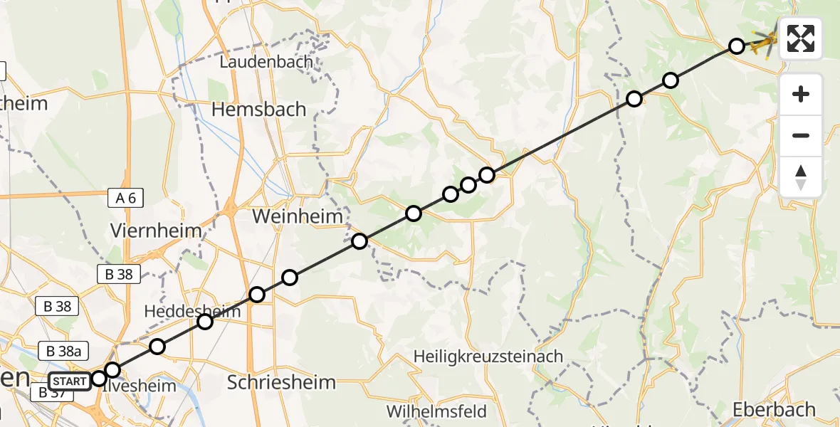 Flugroute Rettungshubschrauber Mannheim-City Flughafen - Erbach, 08 Juli 2026, 05:46