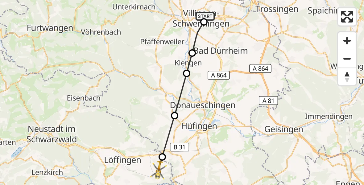 Flugroute Ambulanzhubschrauber DRF Air Rescue Station Villingen-Schwenningen Hubschrauberlandeplatz (Christoph 11) - Löffingen, 08 Juli 2026, 05:48
