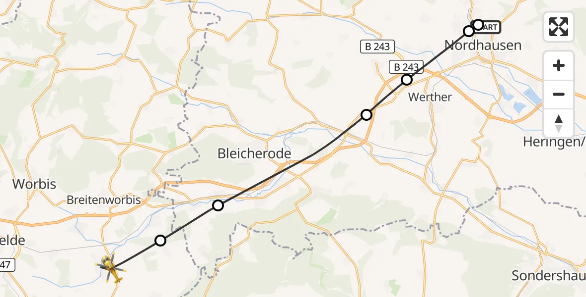 Flugroute Rettungshubschrauber Südharz Hospital Nordhausen - Niederorschel, 08 Juli 2026, 06:13