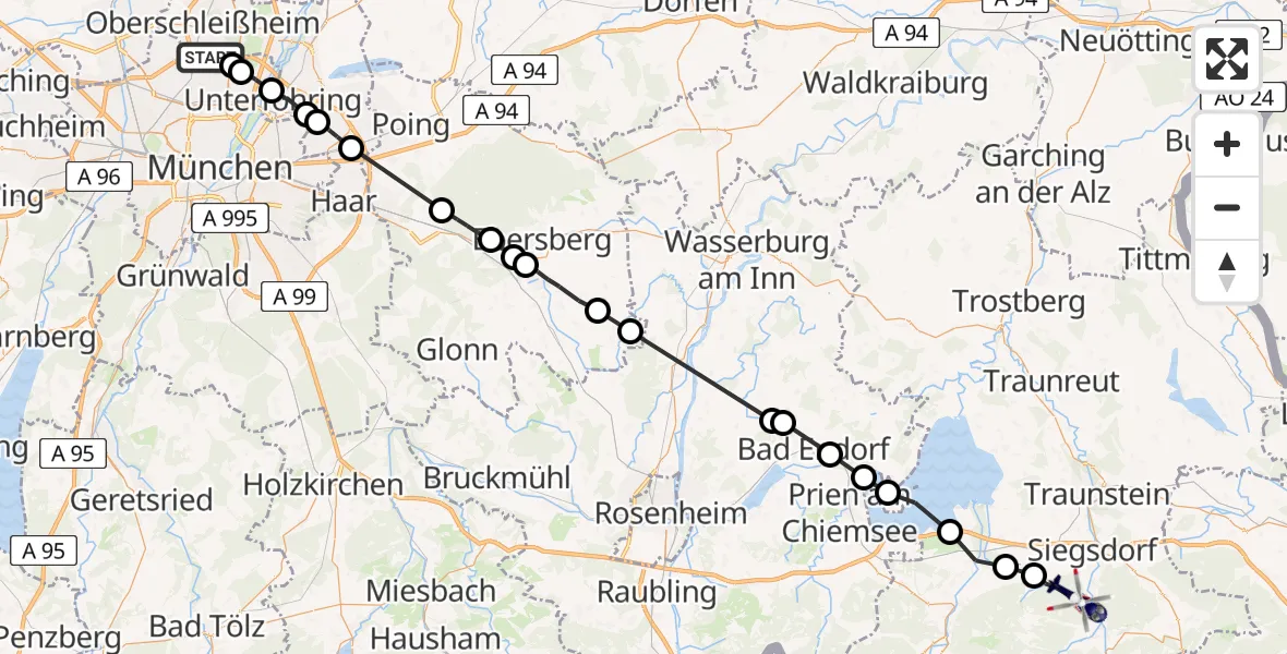 Flugroute Polizeihubschrauber München - Ruhpolding, 08 Juli 2026, 06:22
