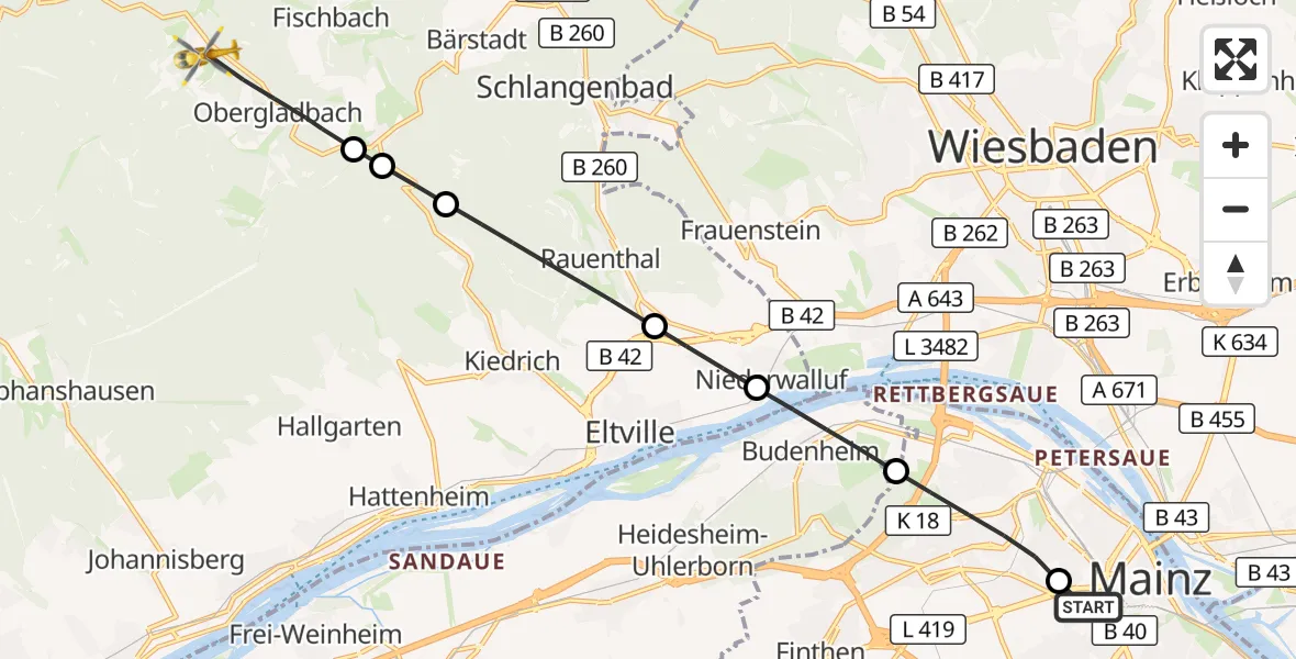 Flugroute Rettungshubschrauber Mainz University Hospital - Schlangenbad, 08 Juli 2026, 06:23