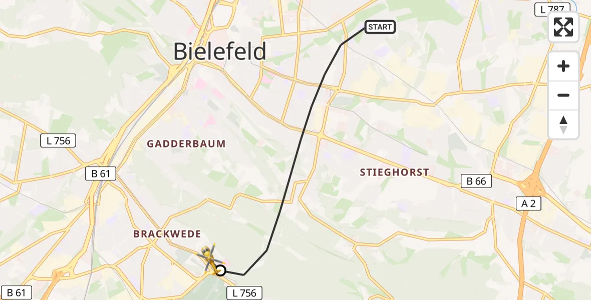 Flugroute Rettungshubschrauber Bielefeld - Luftrettungszentrum Bielefeld, 08 Juli 2026, 06:25