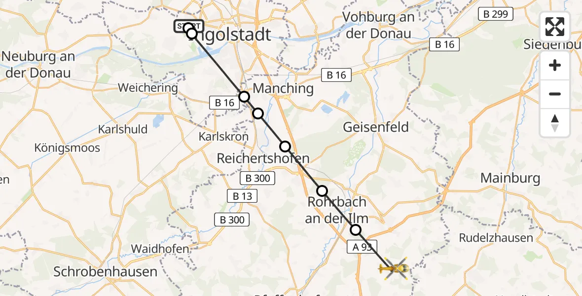 Flugroute Rettungshubschrauber Ingolstadt Hospital - Wolnzach, 08 Juli 2026, 06:25