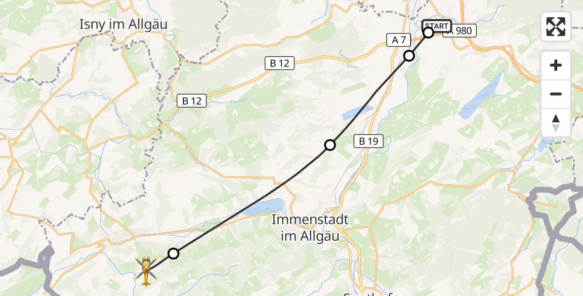 Flugroute Rettungshubschrauber Kempten-Durach Flugplatz - Oberstaufen, 08 Juli 2026, 06:28