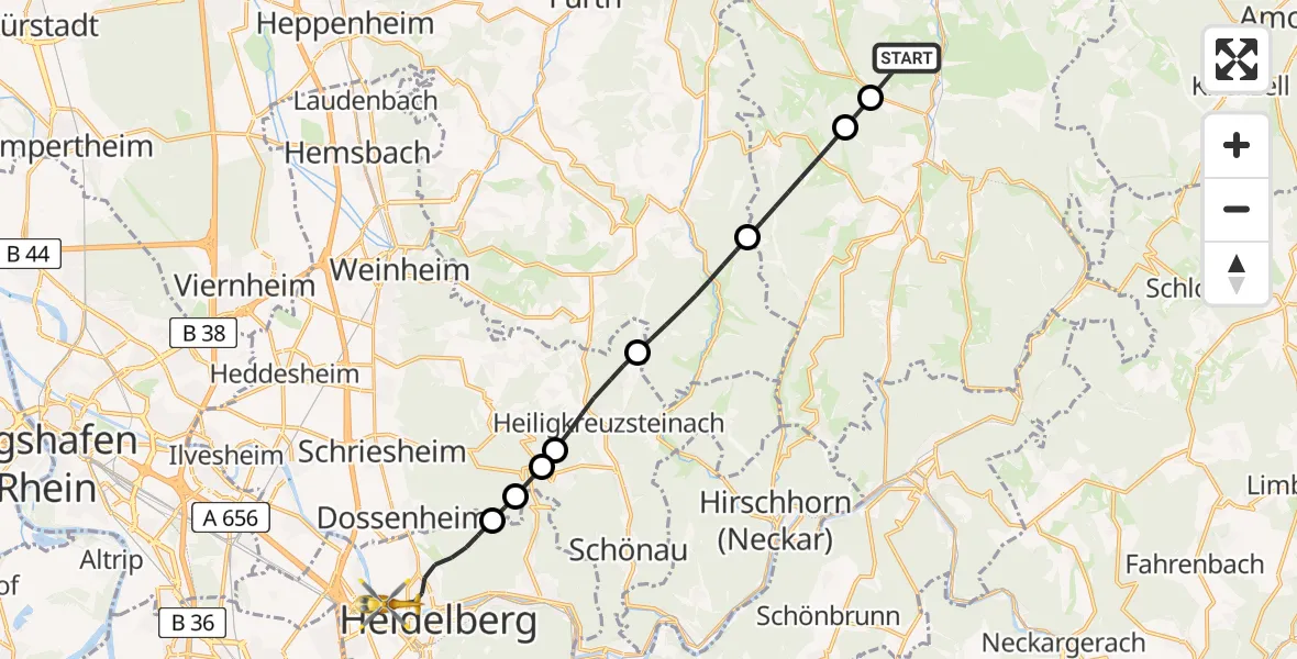 Flugroute Rettungshubschrauber Erbach - Heidelberg, 08 Juli 2026, 06:31