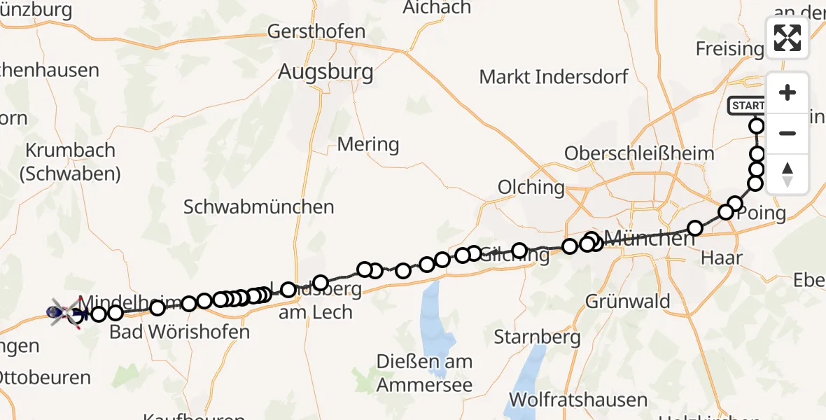 Flugroute Polizeihubschrauber Oberding - Erkheim, 08 Juli 2026, 06:45