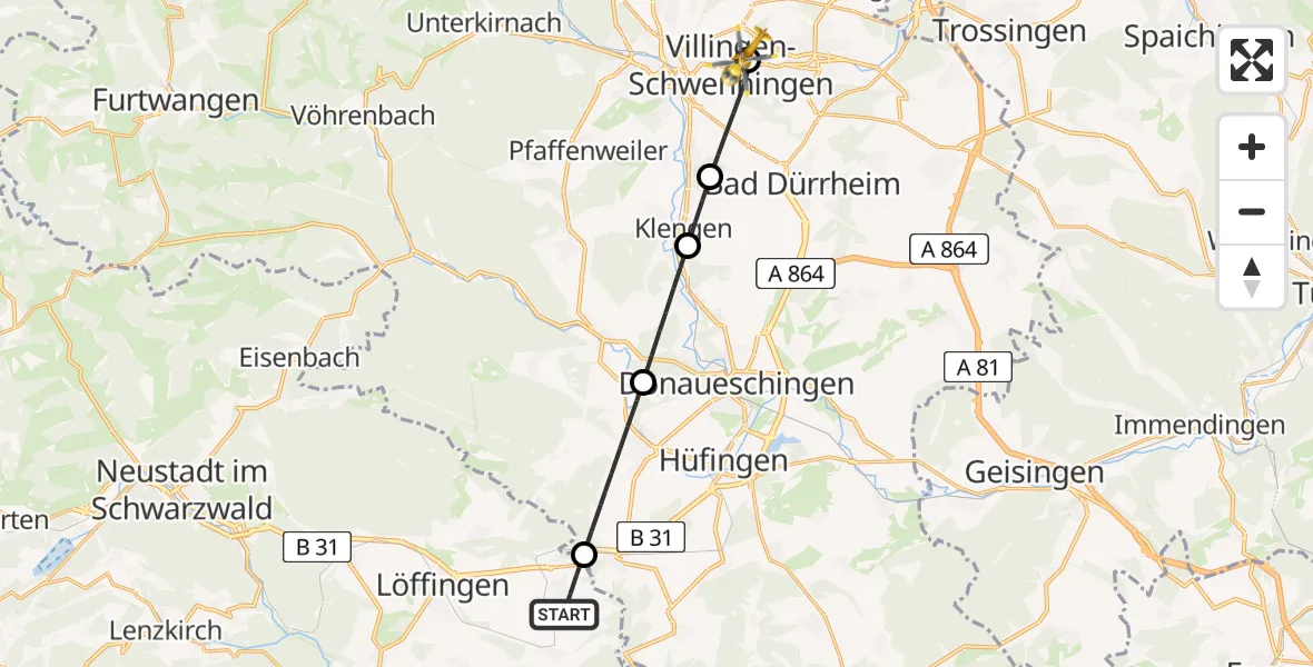 Flugroute Ambulanzhubschrauber Löffingen - DRF Air Rescue Station Villingen-Schwenningen Hubschrauberlandeplatz (Christoph 11), 08 Juli 2026, 06:45