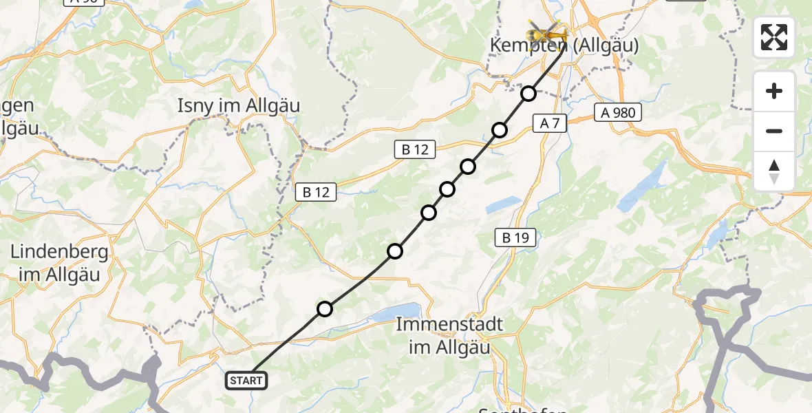 Flugroute Rettungshubschrauber Oberstaufen - Kempten (Allgäu), 08 Juli 2026, 06:56