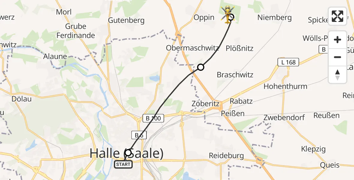 Flugroute Rettungshubschrauber Sankt Elisabeth and Sankt Barbara Hospital Halle (Saale) - Halle-Oppin Flugplatz, 08 Juli 2026, 06:57