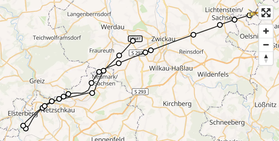 Flugroute Rettungshubschrauber ADAC Air Rescue Station Zwickau Hubschrauberlandeplatz - Gersdorf, 08 Juli 2026, 06:59
