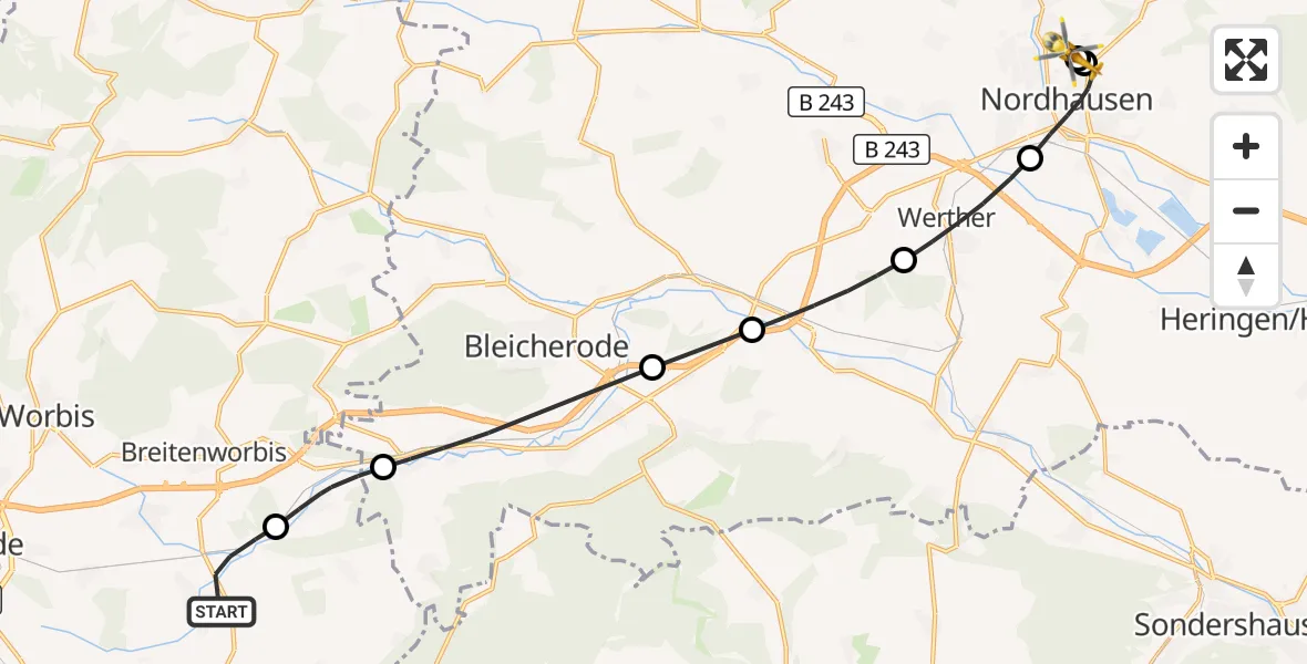Flugroute Rettungshubschrauber Niederorschel - Südharz Hospital Nordhausen, 08 Juli 2026, 07:00
