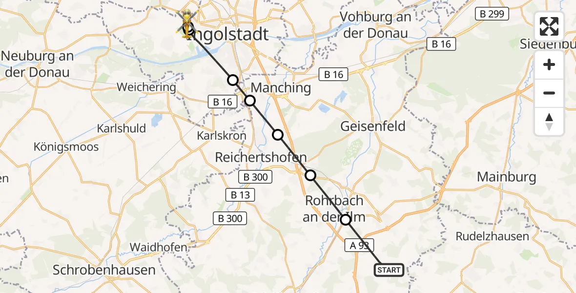 Flugroute Rettungshubschrauber Wolnzach - Ingolstadt Hospital, 08 Juli 2026, 07:03