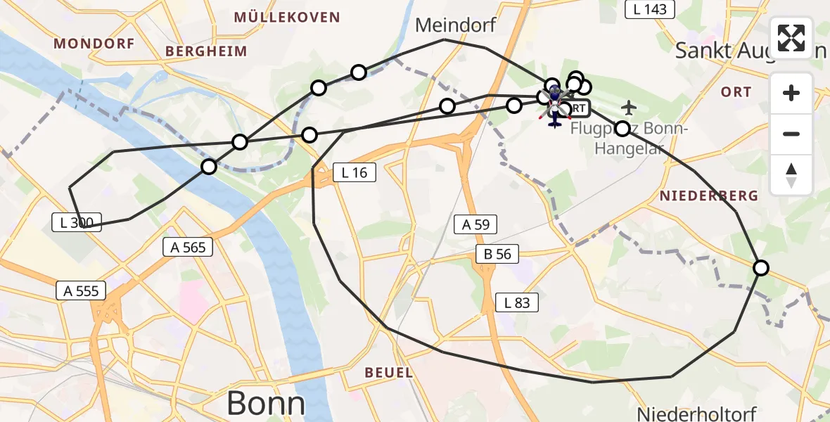 Flugroute Polizeihubschrauber Bonn-Hangelar Flugplatz - Sankt Augustin, 08 Juli 2026, 07:07