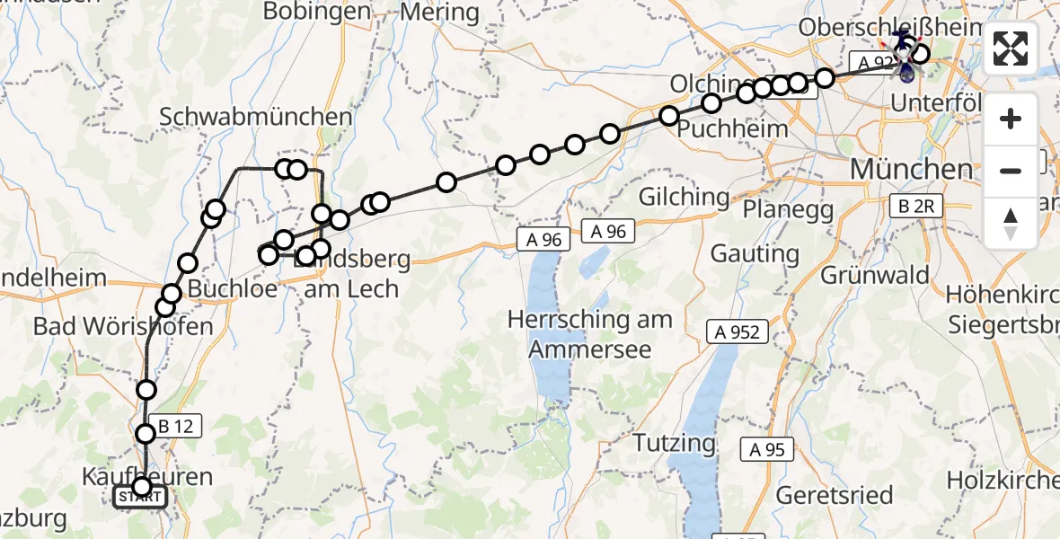 Flugroute Polizeihubschrauber Kaufbeuren Militärflugplatz - Oberschleißheim, 08 Juli 2026, 07:08