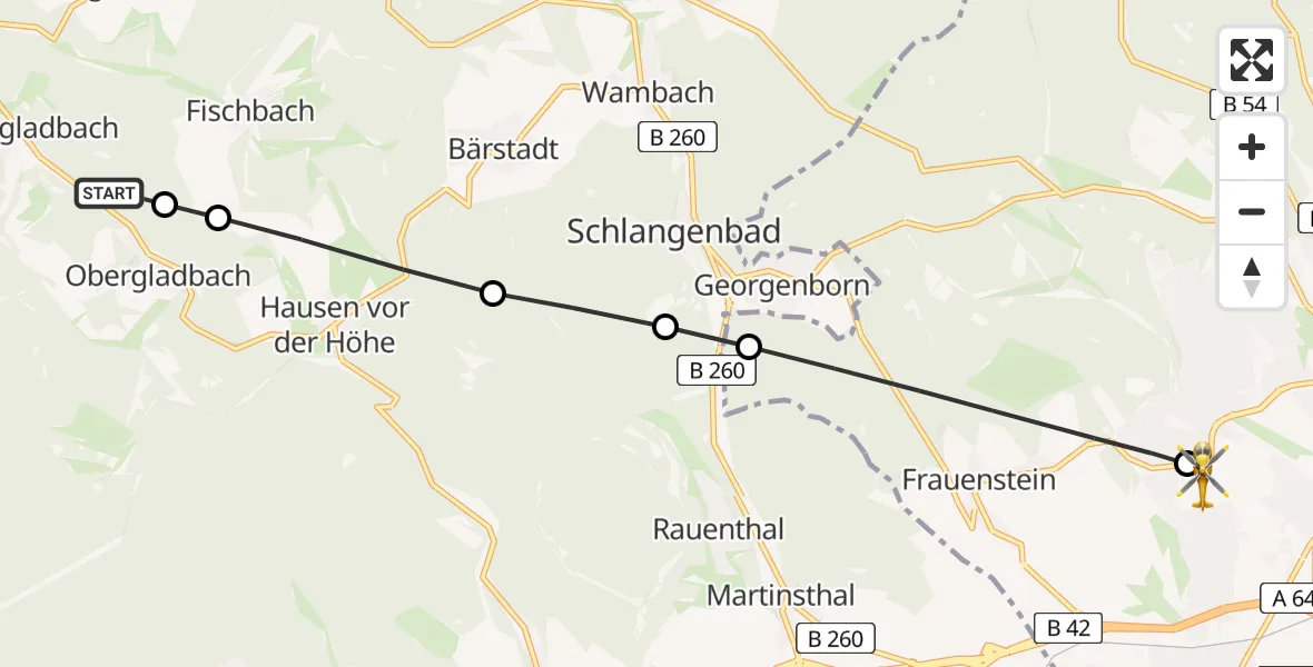 Flugroute Rettungshubschrauber Schlangenbad - Helios Horst Schmidt Klinik (HSK) Hubschrauberlandeplatz, 08 Juli 2026, 07:08
