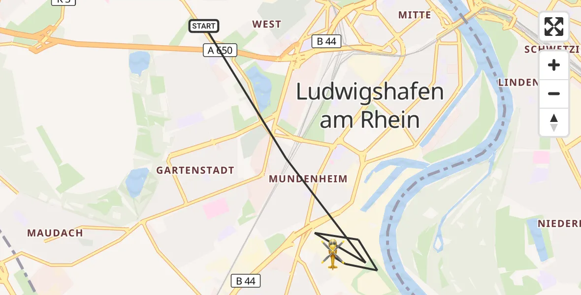Flugroute Rettungshubschrauber Ludwigshafen am Rhein - Ludwigshafen am Rhein, 08 Juli 2026, 07:11