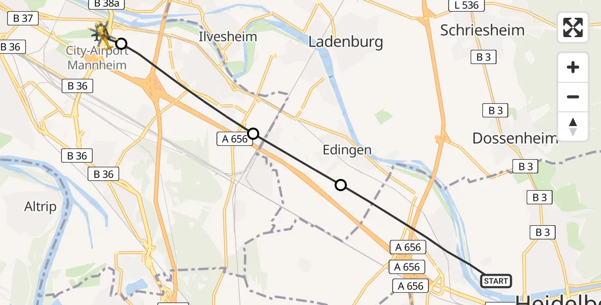Flugroute Rettungshubschrauber Heidelberg - Mannheim-City Flughafen, 08 Juli 2026, 07:14