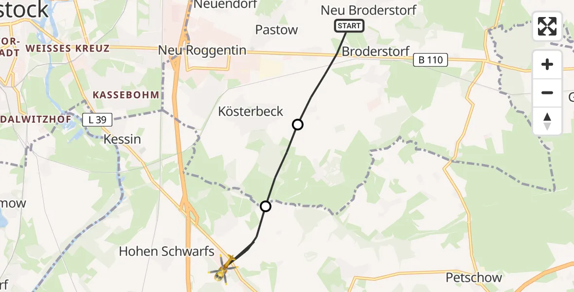 Flugroute Ambulanzhubschrauber Broderstorf - Dummerstorf, 08 Juli 2026, 07:22